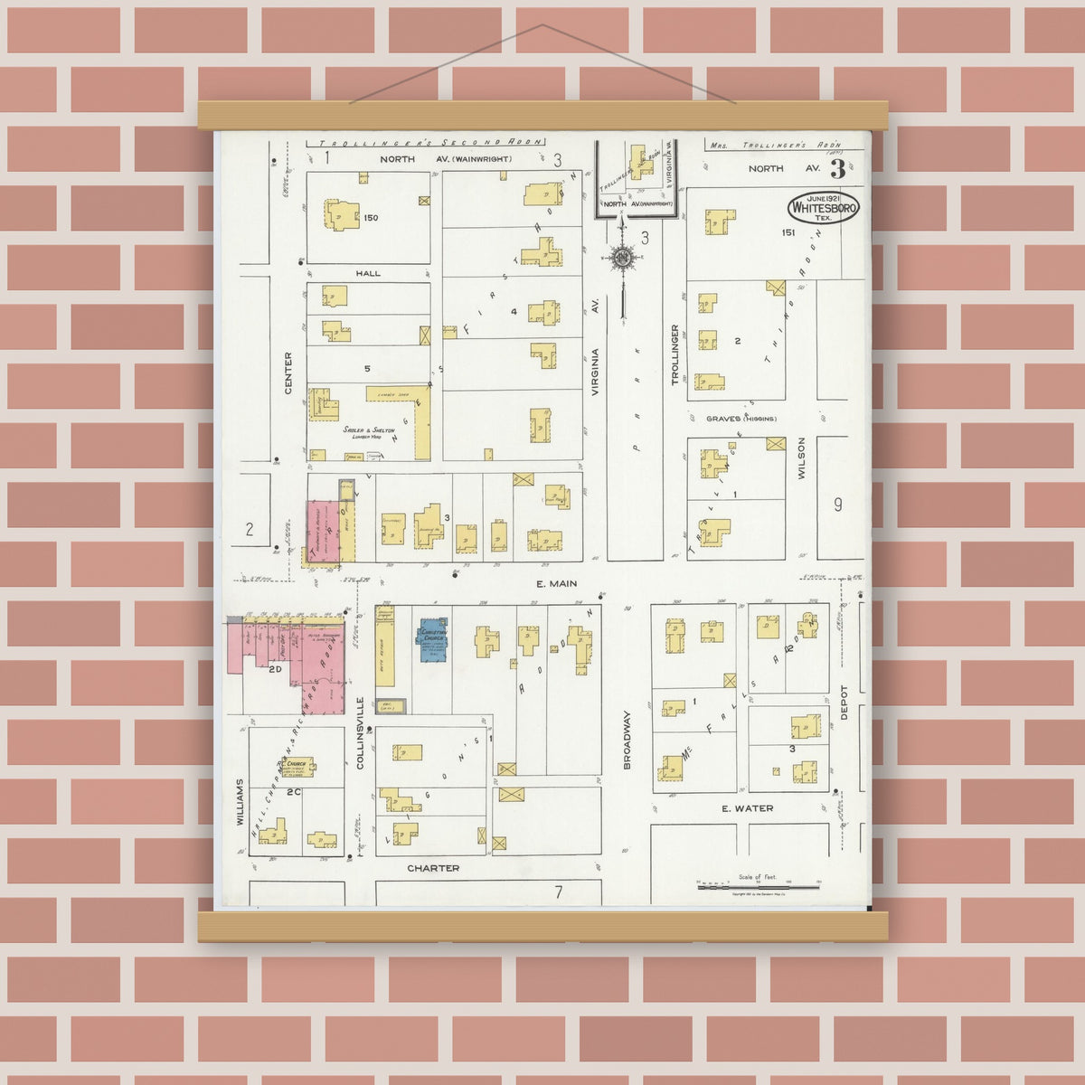Old map wall art mockup — magnetic wood frame on brick wall — Sanborn Fire Insurance Map from Whitesboro, Grayson County, Texas (1921), Sheet #0003