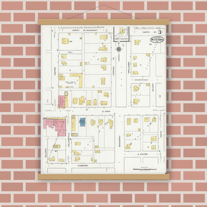 Old map wall art mockup — magnetic wood frame on brick wall — Sanborn Fire Insurance Map from Whitesboro, Grayson County, Texas (1921), Sheet #0003