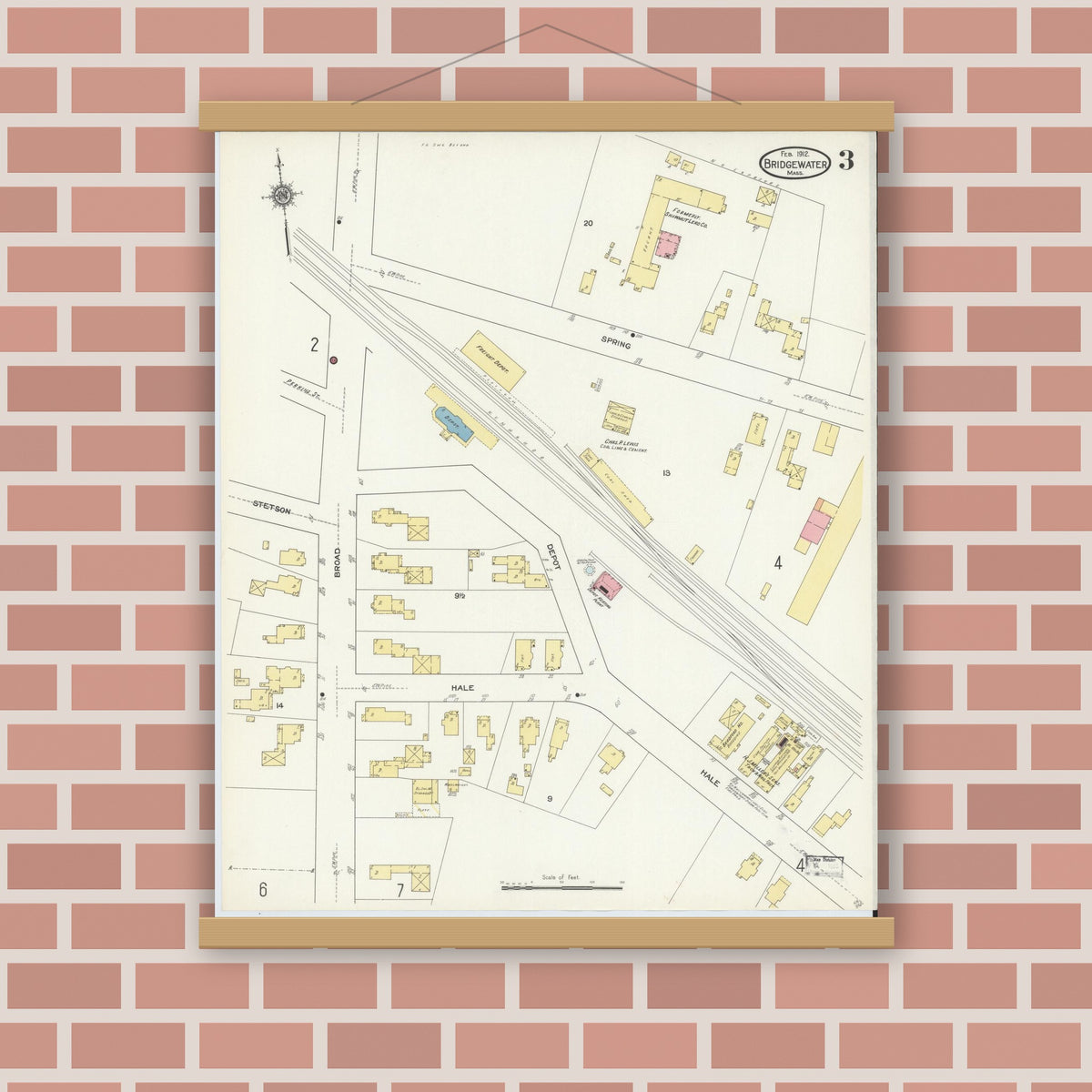 Old map wall art mockup — magnetic wood frame on brick wall — Sanborn Fire Insurance Map from Bridgewater, Plymouth County, Massachusetts (1912), Sheet #0003