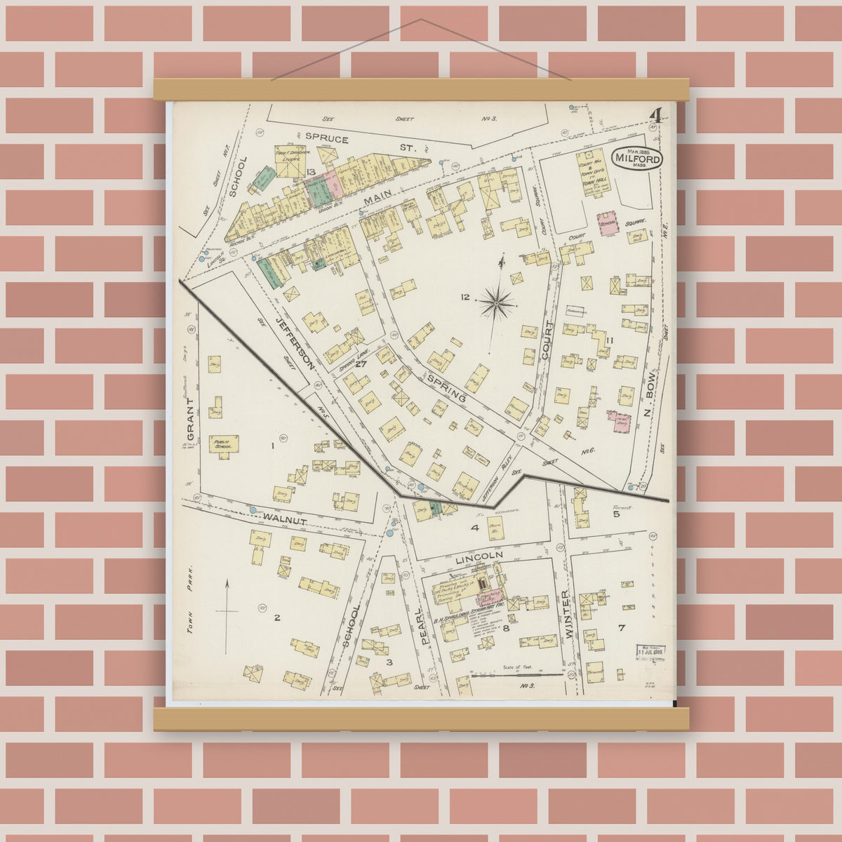 Old map wall art mockup — magnetic wood frame on brick wall — Sanborn Fire Insurance Map from Milford, Worcester County, Massachusetts (1885), Sheet #0004