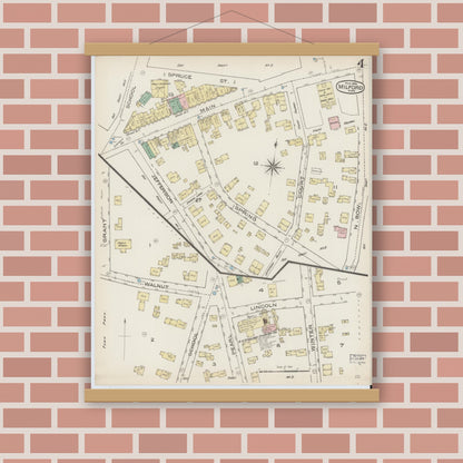 Old map wall art mockup — magnetic wood frame on brick wall — Sanborn Fire Insurance Map from Milford, Worcester County, Massachusetts (1885), Sheet #0004