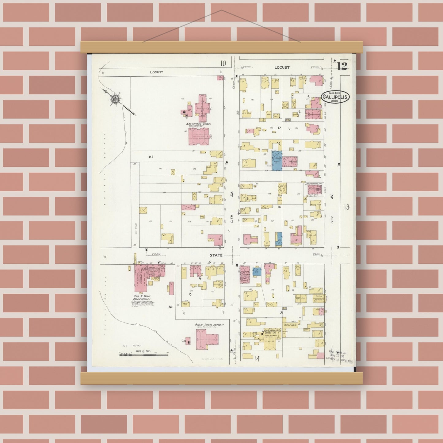 Old map wall art mockup — magnetic wood frame on brick wall — Sanborn Fire Insurance Map from Gallipolis, Gallia County, Ohio (1916), Sheet #0012