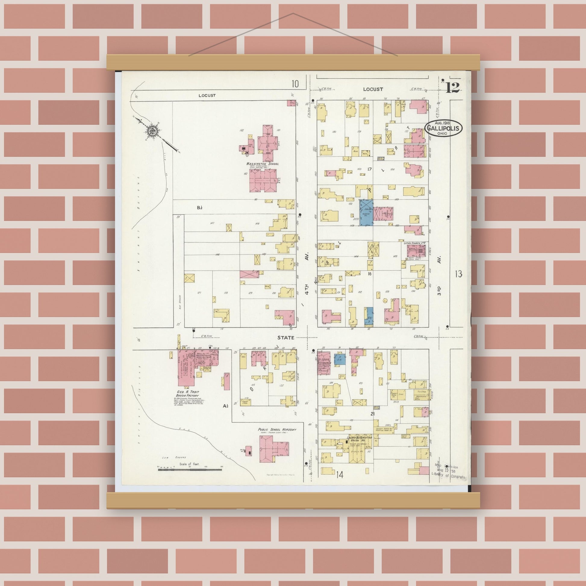 Old map wall art mockup — magnetic wood frame on brick wall — Sanborn Fire Insurance Map from Gallipolis, Gallia County, Ohio (1916), Sheet #0012