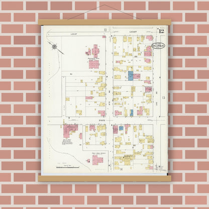 Old map wall art mockup — magnetic wood frame on brick wall — Sanborn Fire Insurance Map from Gallipolis, Gallia County, Ohio (1916), Sheet #0012