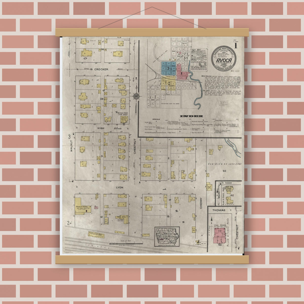 Old map wall art mockup — magnetic wood frame on brick wall — Sanborn Fire Insurance Map from Avoca, Pottawattamie County, Iowa (1920) â€” Complete Set