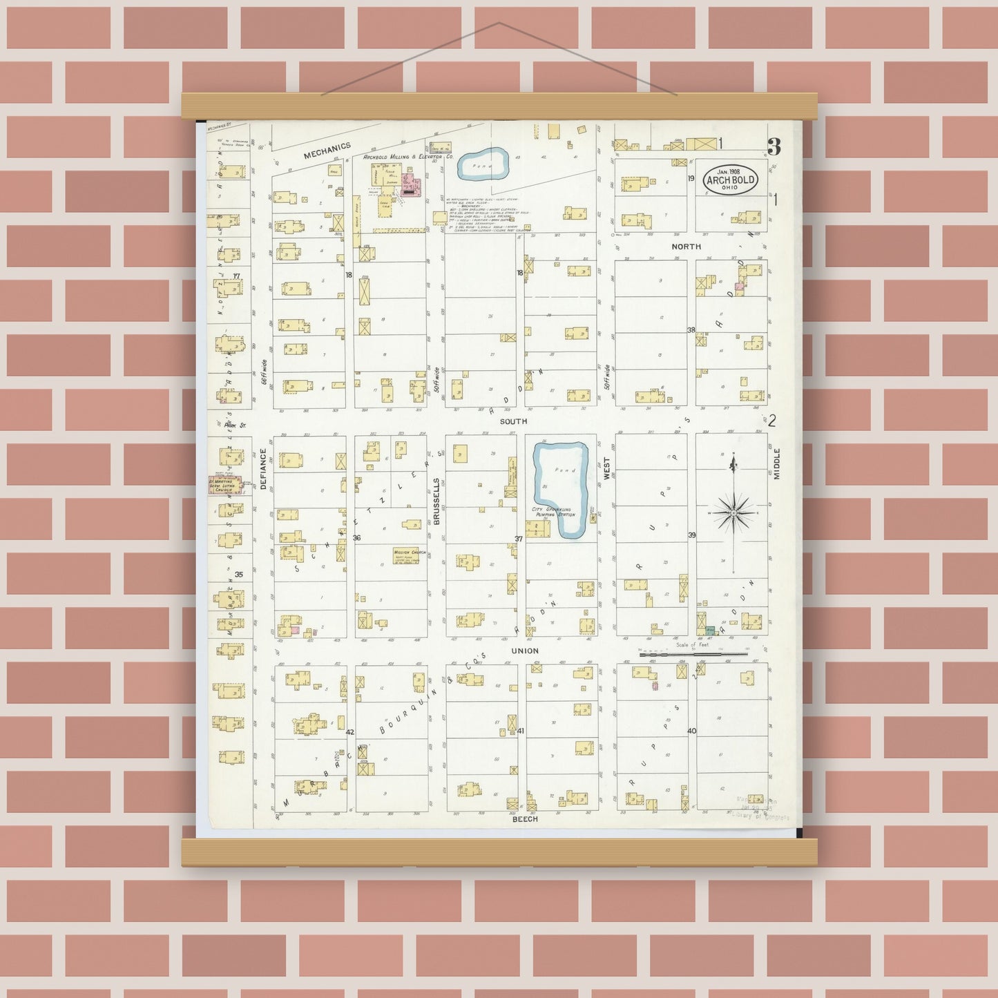 Old map wall art mockup — magnetic wood frame on brick wall — Sanborn Fire Insurance Map from Archbold, Fulton County, Ohio (1908), Sheet #0003