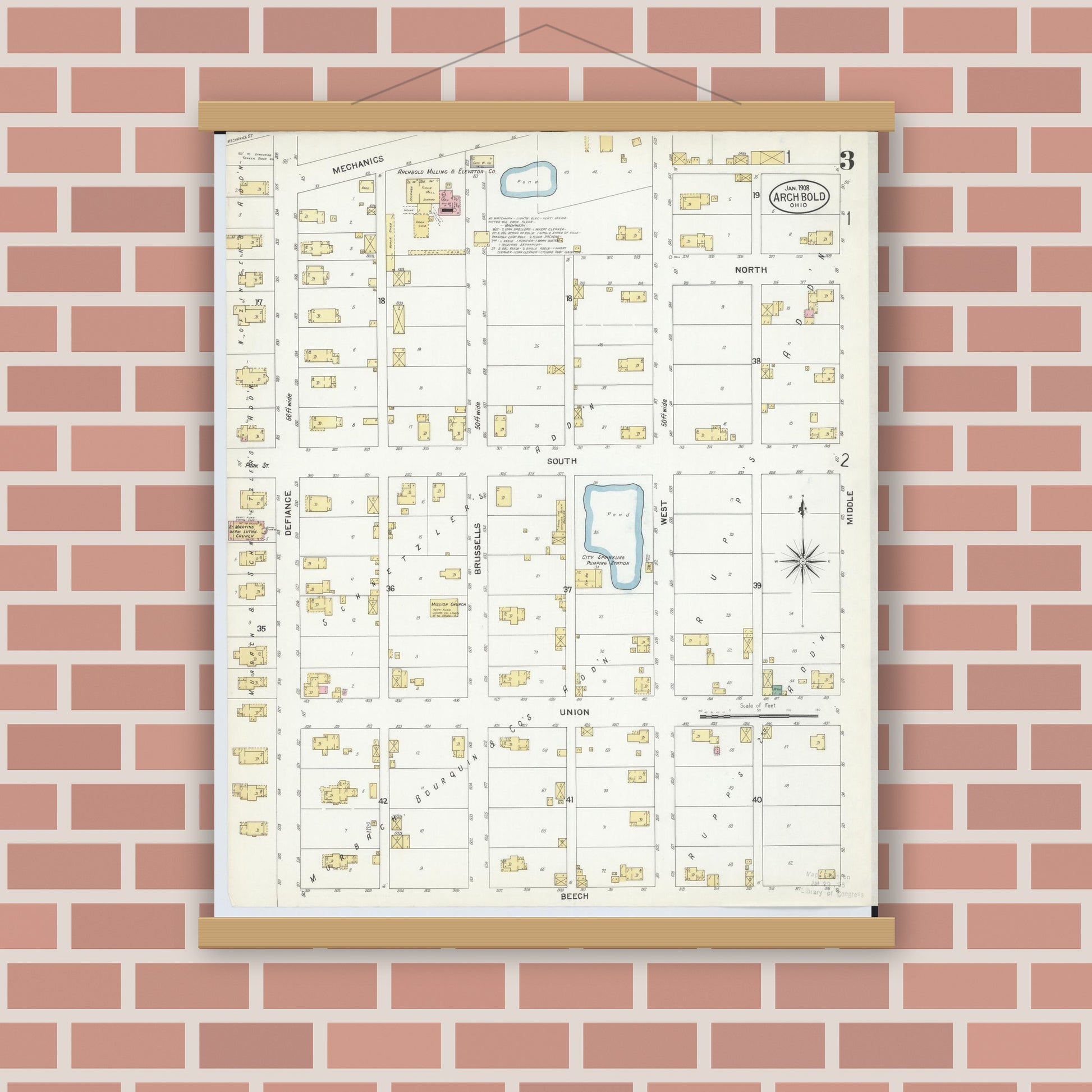 Old map wall art mockup — magnetic wood frame on brick wall — Sanborn Fire Insurance Map from Archbold, Fulton County, Ohio (1908), Sheet #0003