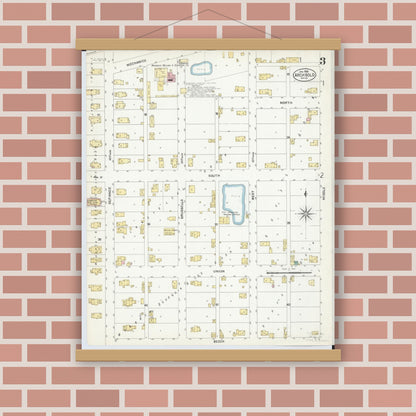 Old map wall art mockup — magnetic wood frame on brick wall — Sanborn Fire Insurance Map from Archbold, Fulton County, Ohio (1908), Sheet #0003