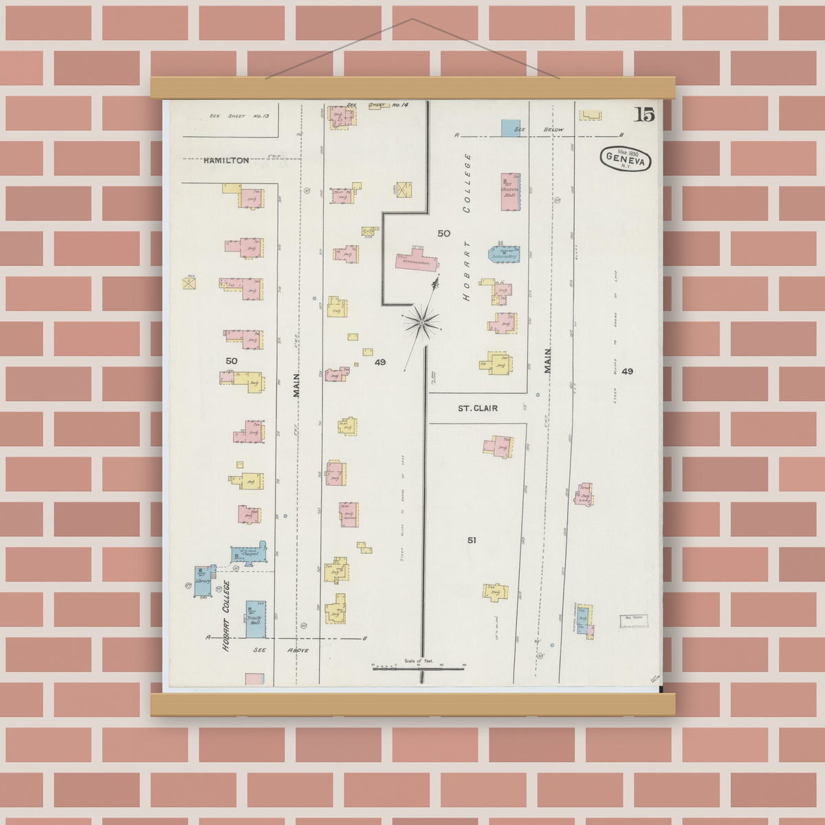 Old map wall art mockup — magnetic wood frame on brick wall — Sanborn Fire Insurance Map from Geneva, Ontario County, New York (1890), Sheet #0015