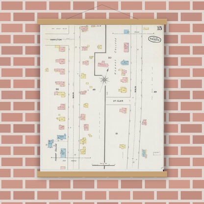 Old map wall art mockup — magnetic wood frame on brick wall — Sanborn Fire Insurance Map from Geneva, Ontario County, New York (1890), Sheet #0015