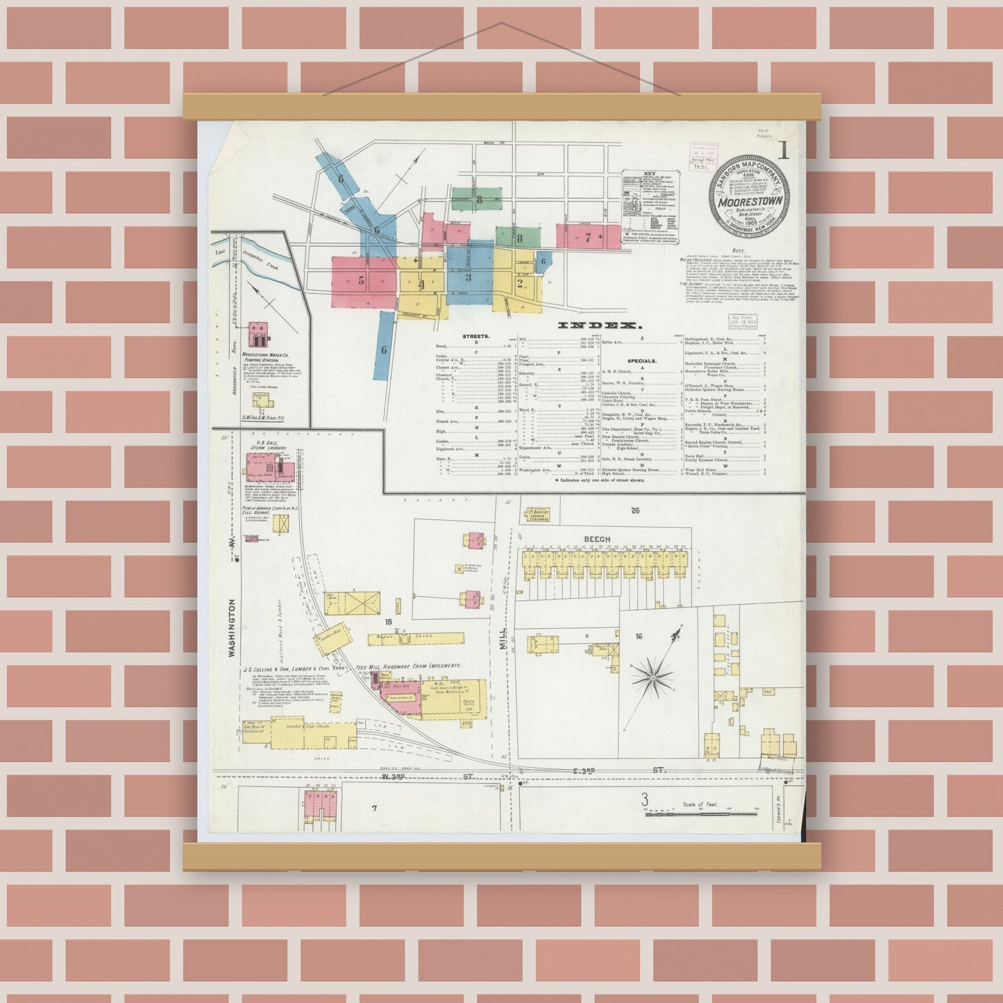 Old map wall art mockup — magnetic wood frame on brick wall — Sanborn Fire Insurance Map from Moorestown, Burlington County, New Jersey (1905) - Complete Map Set