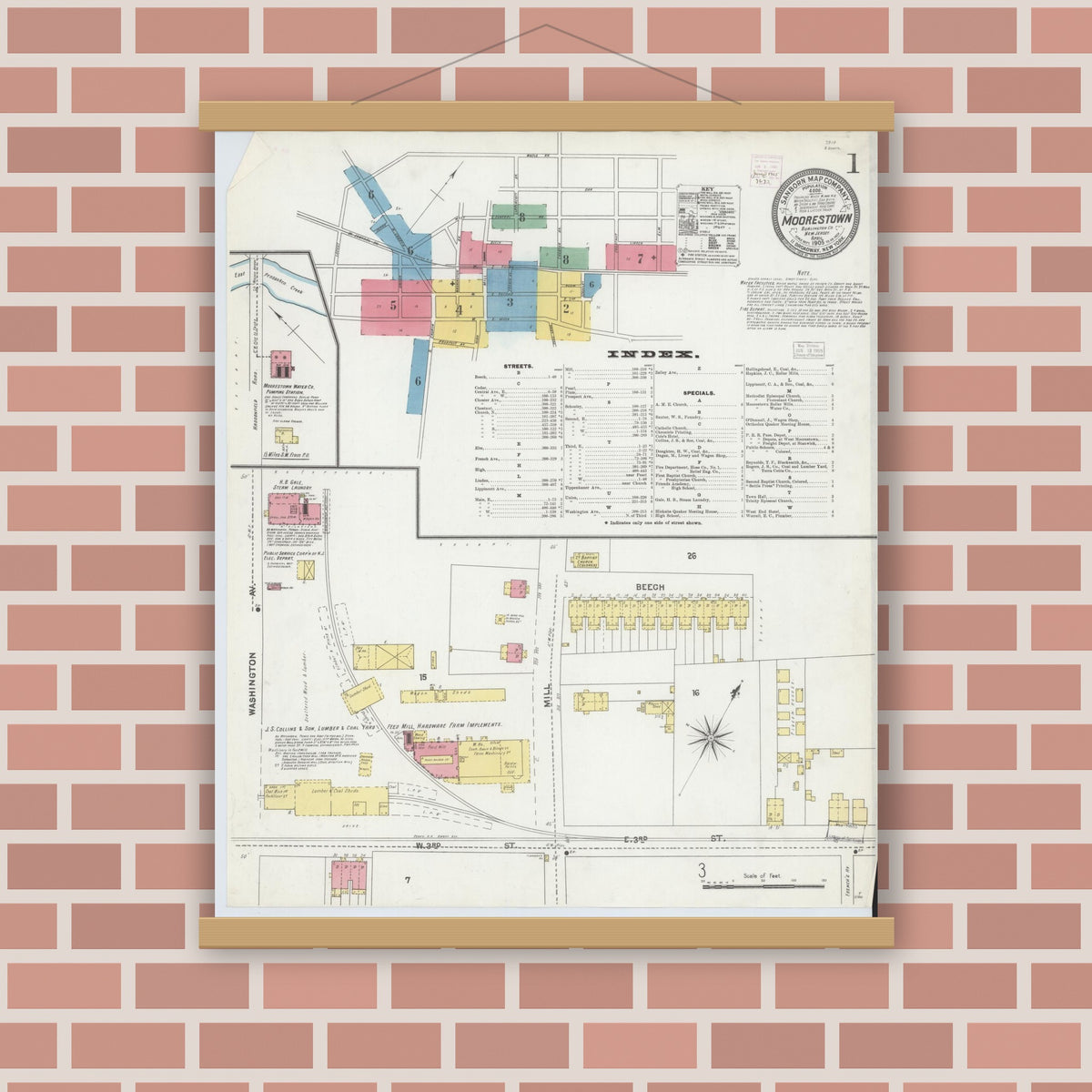 Old map wall art mockup — magnetic wood frame on brick wall — Sanborn Fire Insurance Map from Moorestown, Burlington County, New Jersey (1905) - Complete Map Set