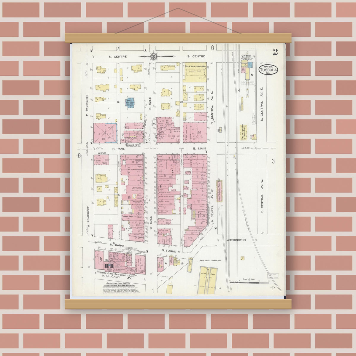Old map wall art mockup — magnetic wood frame on brick wall — Sanborn Fire Insurance Map from Tuscola, Douglas County, Illinois (1914), Sheet #0002