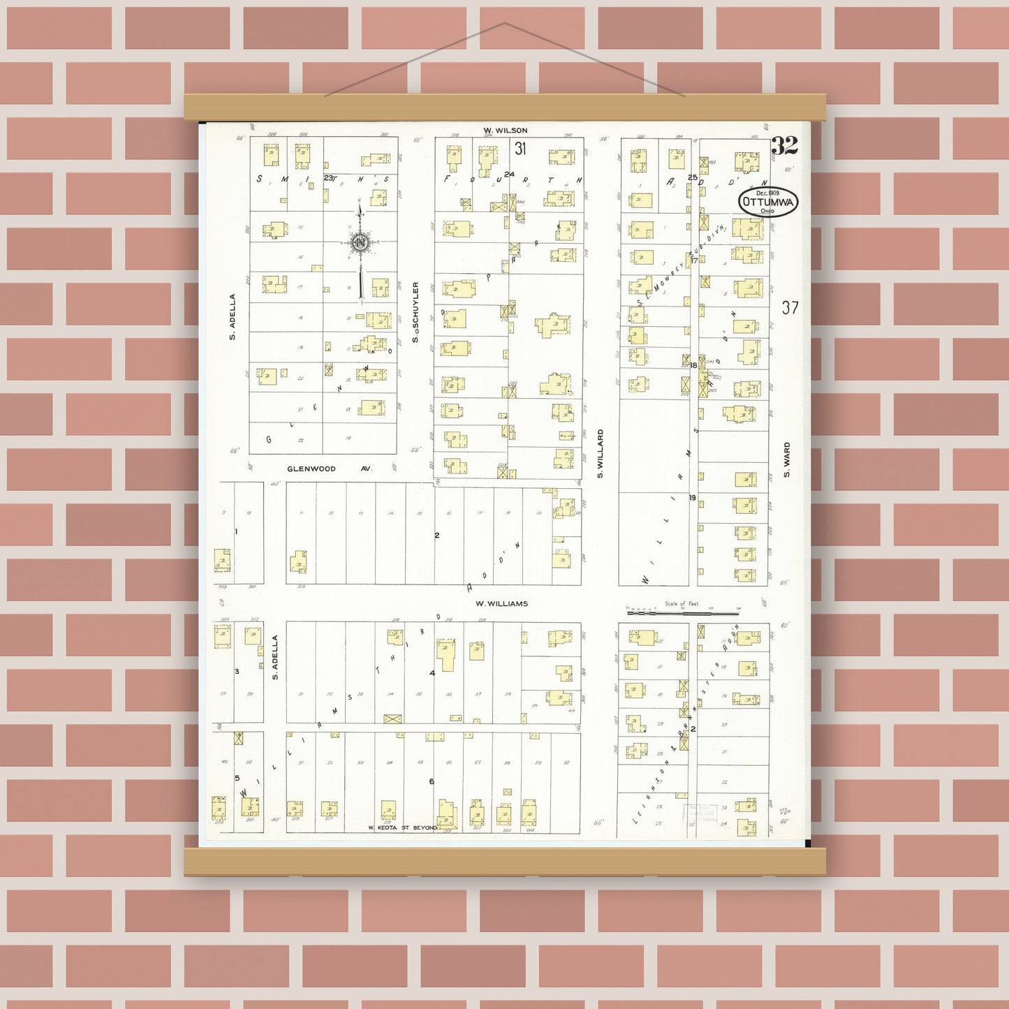Old map wall art mockup — magnetic wood frame on brick wall — Sanborn Fire Insurance Map from Ottumwa, Wapello County, Iowa (1909), Sheet #0032