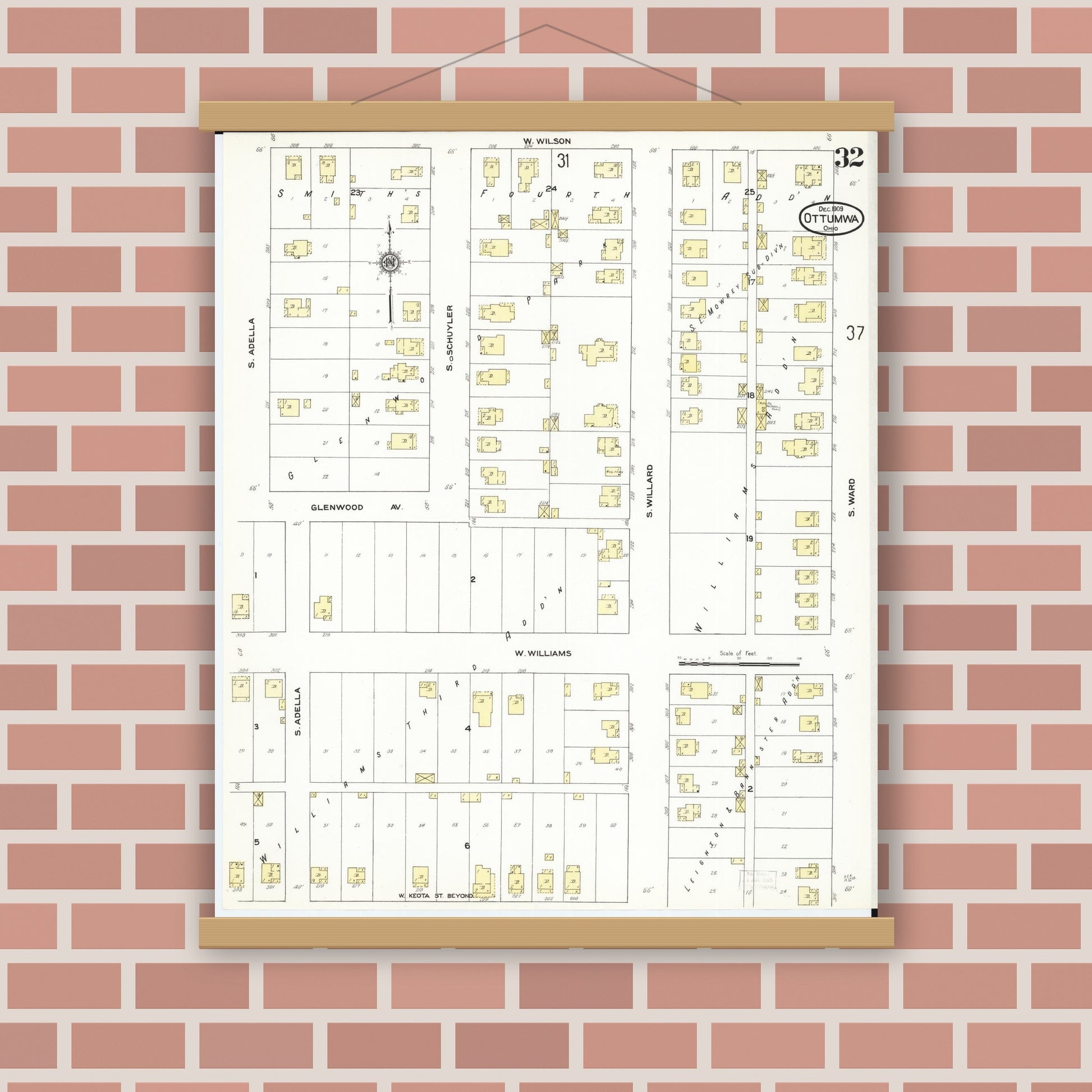Old map wall art mockup — magnetic wood frame on brick wall — Sanborn Fire Insurance Map from Ottumwa, Wapello County, Iowa (1909), Sheet #0032