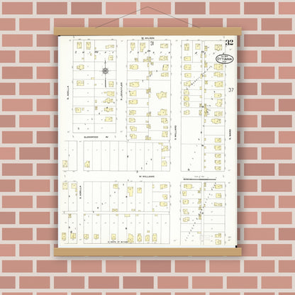 Old map wall art mockup — magnetic wood frame on brick wall — Sanborn Fire Insurance Map from Ottumwa, Wapello County, Iowa (1909), Sheet #0032