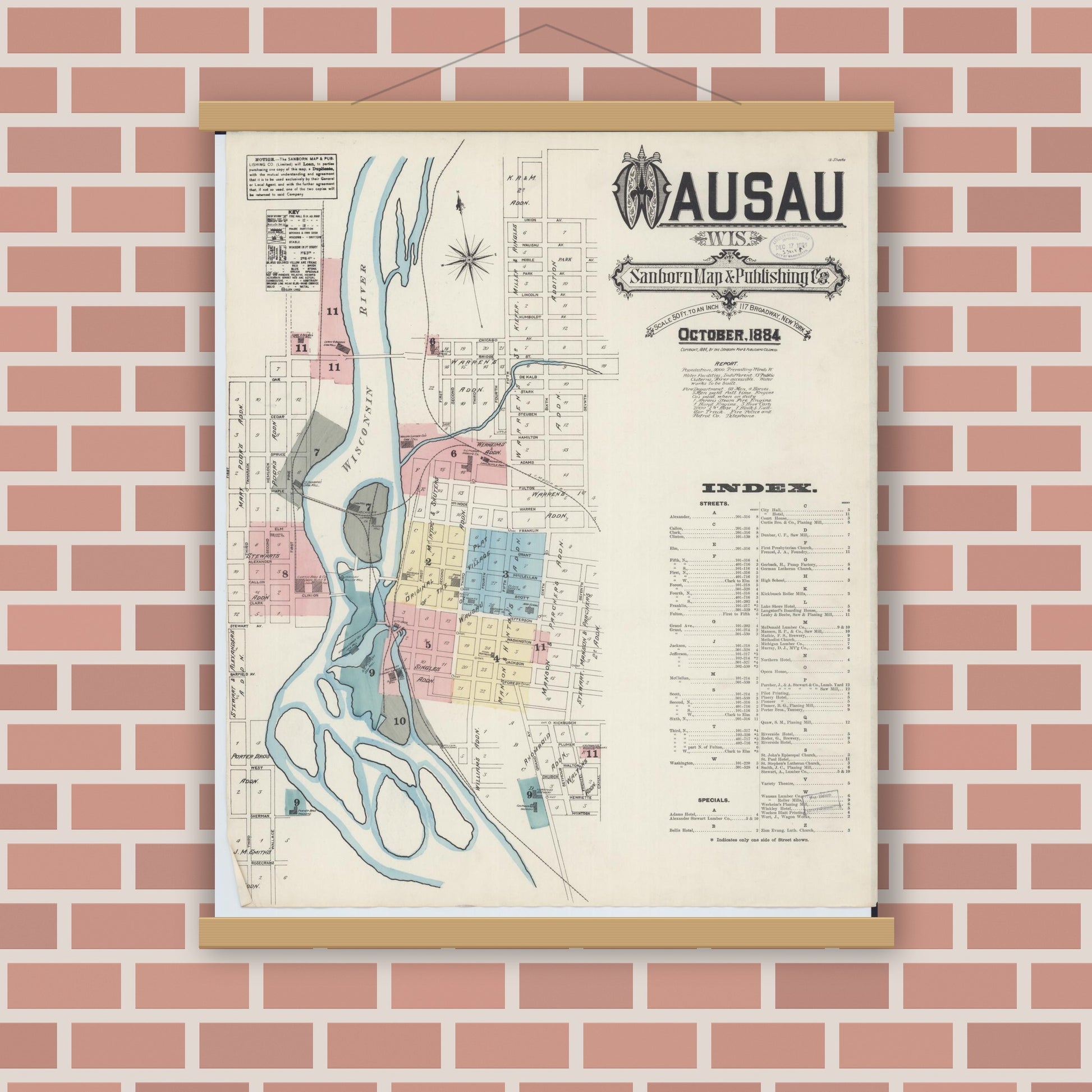 Old map wall art mockup — magnetic wood frame on brick wall — Sanborn Fire Insurance Map from Wausau, Marathon County, Wisconsin (1884) - Complete Map Set