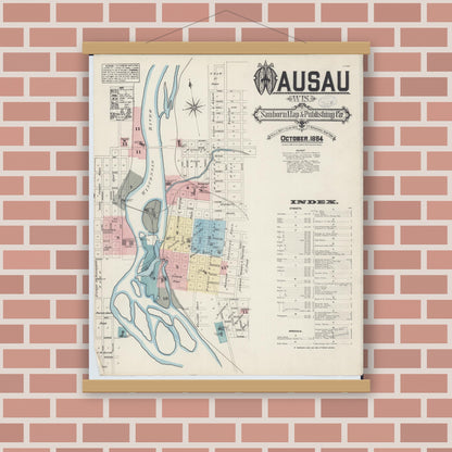 Old map wall art mockup — magnetic wood frame on brick wall — Sanborn Fire Insurance Map from Wausau, Marathon County, Wisconsin (1884) - Complete Map Set