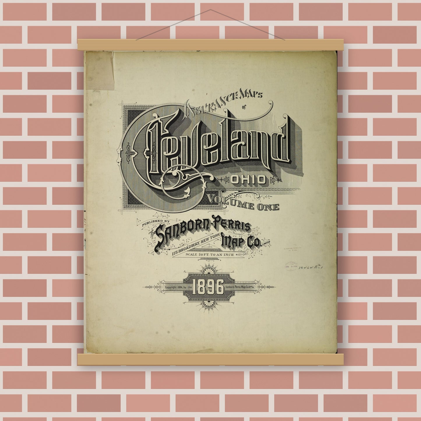 Old map wall art mockup — magnetic wood frame on brick wall — Sanborn Fire Insurance Map from Cleveland, Cuyahoga County, Ohio (1896), Sheet #0001