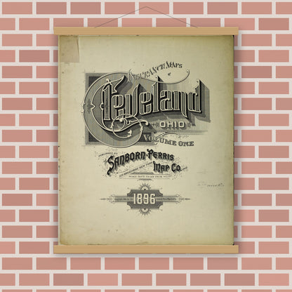 Old map wall art mockup — magnetic wood frame on brick wall — Sanborn Fire Insurance Map from Cleveland, Cuyahoga County, Ohio (1896), Sheet #0001