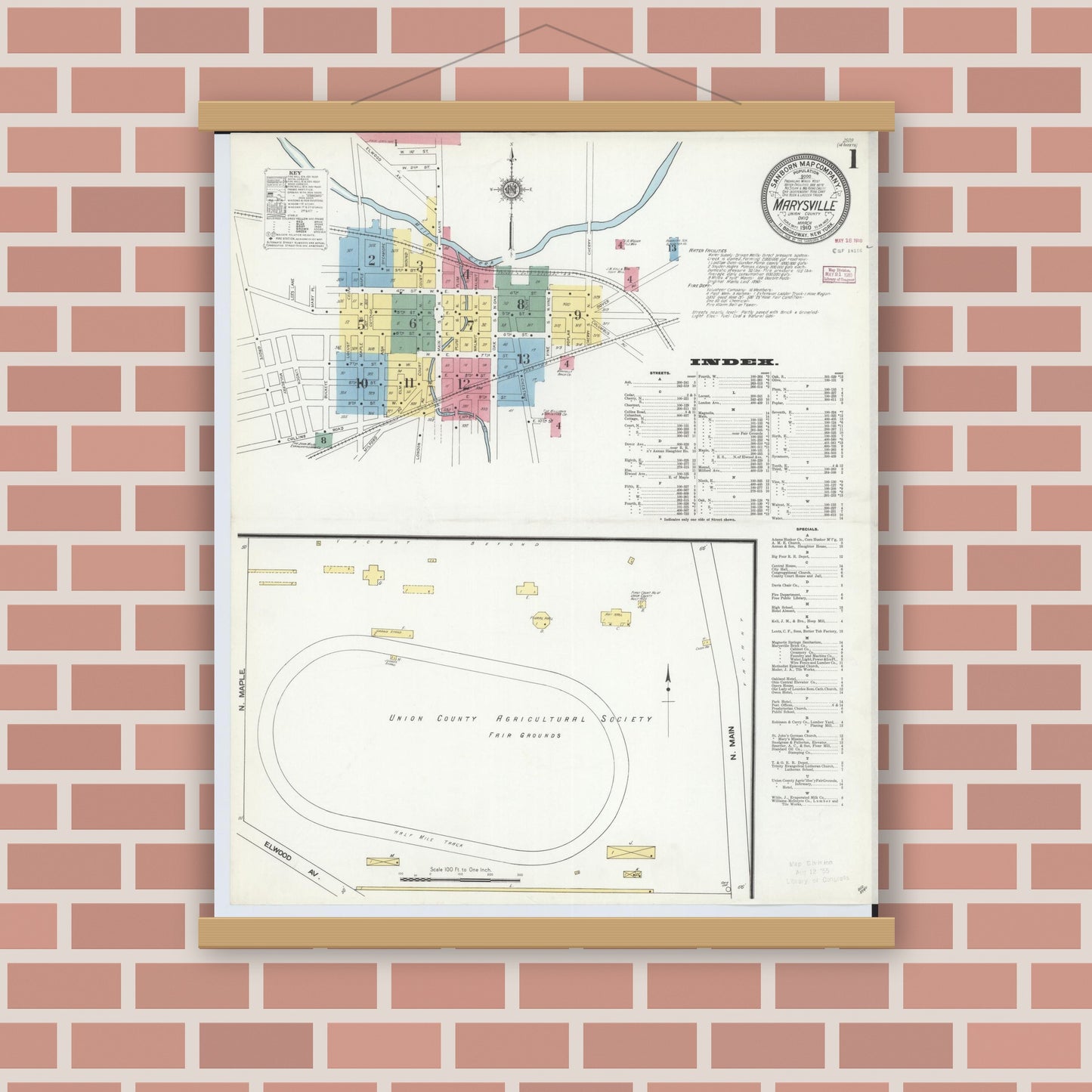 Old map wall art mockup — magnetic wood frame on brick wall — Sanborn Fire Insurance Map from Marysville, Union County, Ohio (1910) - Complete Map Set