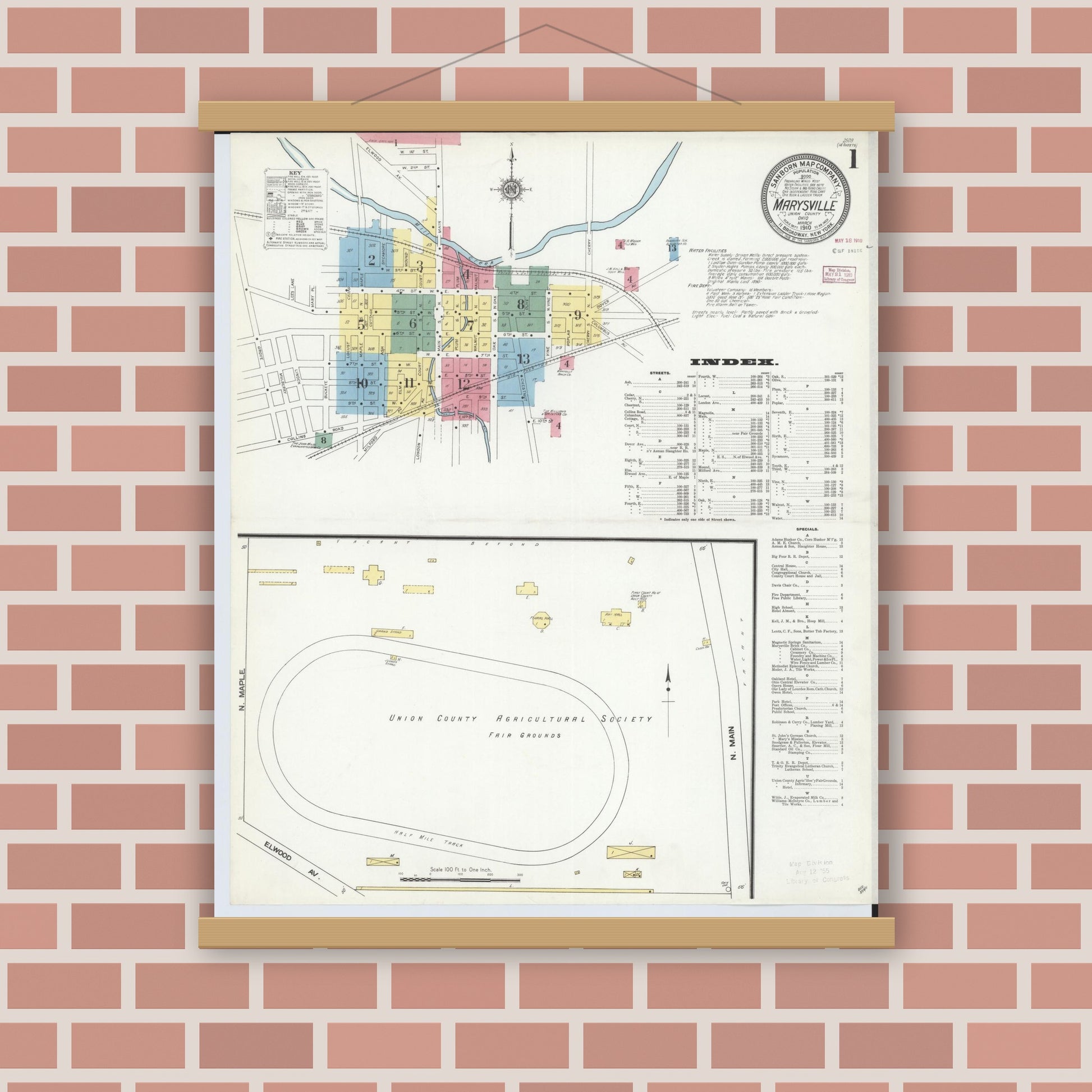 Old map wall art mockup — magnetic wood frame on brick wall — Sanborn Fire Insurance Map from Marysville, Union County, Ohio (1910) - Complete Map Set