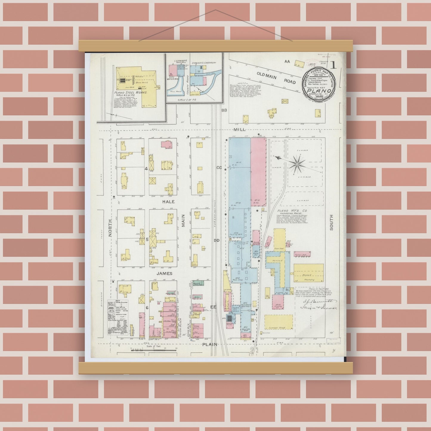 Old map wall art mockup — magnetic wood frame on brick wall — Sanborn Fire Insurance Map from Plano, Kendall County, Illinois (1893) - Complete Map Set