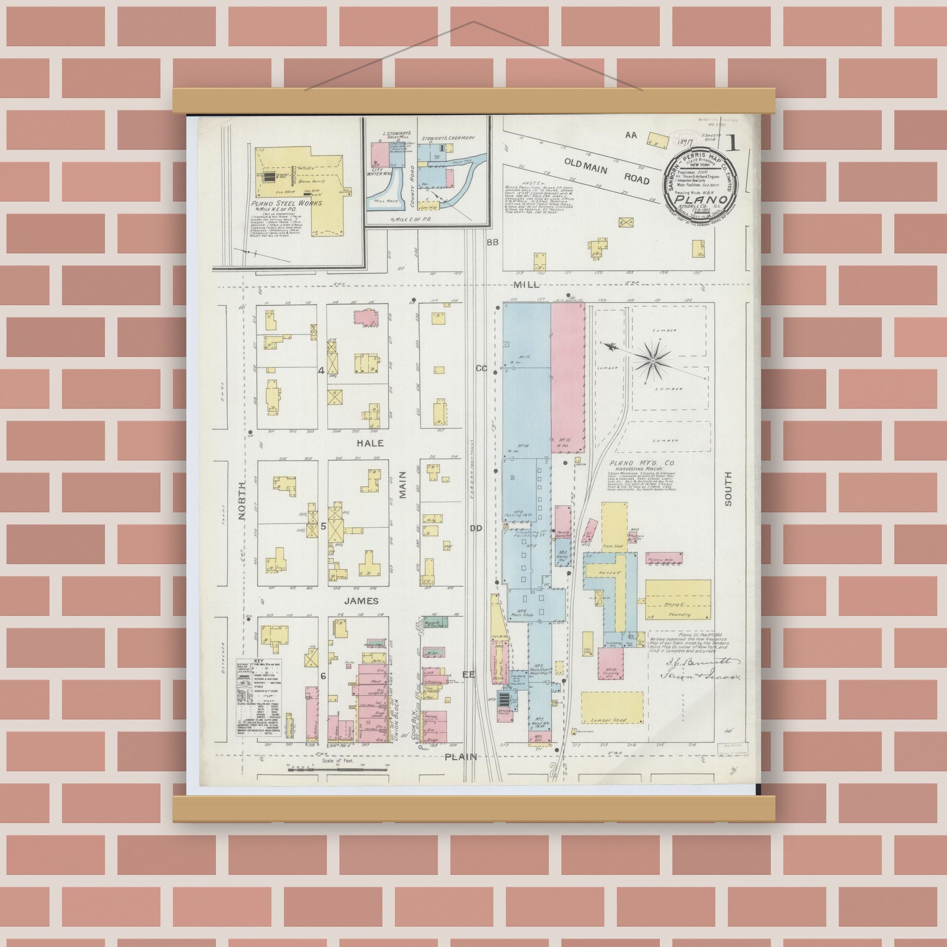 Old map wall art mockup — magnetic wood frame on brick wall — Sanborn Fire Insurance Map from Plano, Kendall County, Illinois (1893) - Complete Map Set