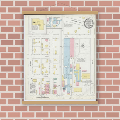 Old map wall art mockup — magnetic wood frame on brick wall — Sanborn Fire Insurance Map from Plano, Kendall County, Illinois (1893) - Complete Map Set