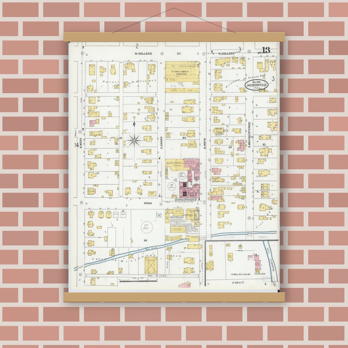 Old map wall art mockup — magnetic wood frame on brick wall — Sanborn Fire Insurance Map from Jacksonville, Morgan County, Illinois (1905), Sheet #0013