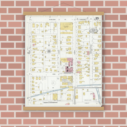Old map wall art mockup — magnetic wood frame on brick wall — Sanborn Fire Insurance Map from Jacksonville, Morgan County, Illinois (1905), Sheet #0013
