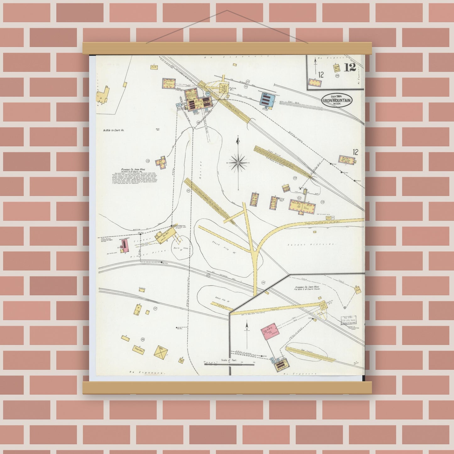 Old map wall art mockup — magnetic wood frame on brick wall — Sanborn Fire Insurance Map from Iron Mountain, Dickinson County, Michigan (1904), Sheet #0012