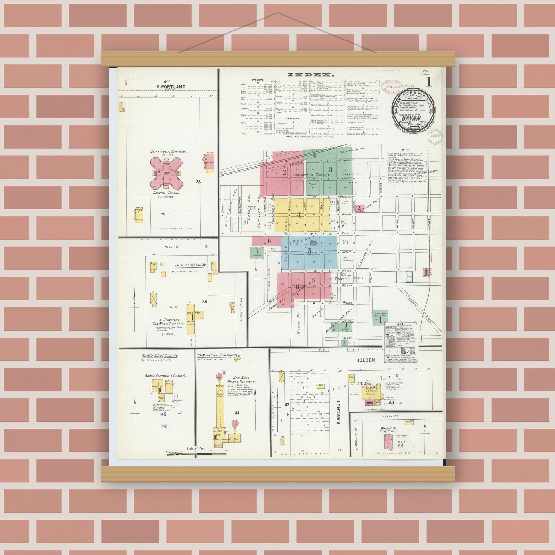 Old map wall art mockup — magnetic wood frame on brick wall — Sanborn Fire Insurance Map from Bryan, Williams County, Ohio (1899) - Complete Map Set
