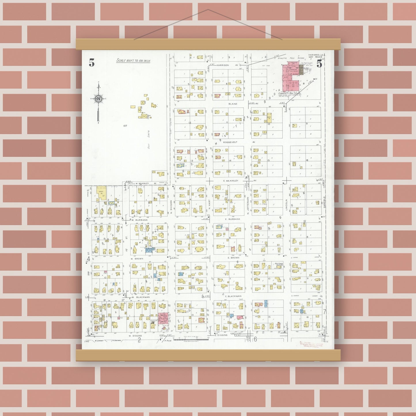 Old map wall art mockup — magnetic wood frame on brick wall — Sanborn Fire Insurance Map from Harvard, McHenry County, Illinois (1934), Sheet #0005