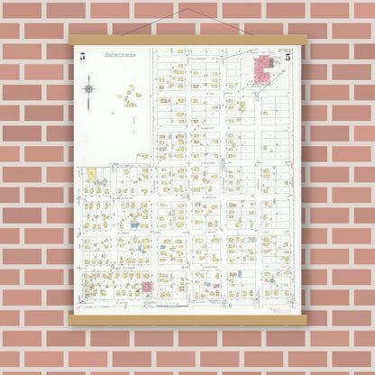 Old map wall art mockup — magnetic wood frame on brick wall — Sanborn Fire Insurance Map from Harvard, McHenry County, Illinois (1934), Sheet #0005