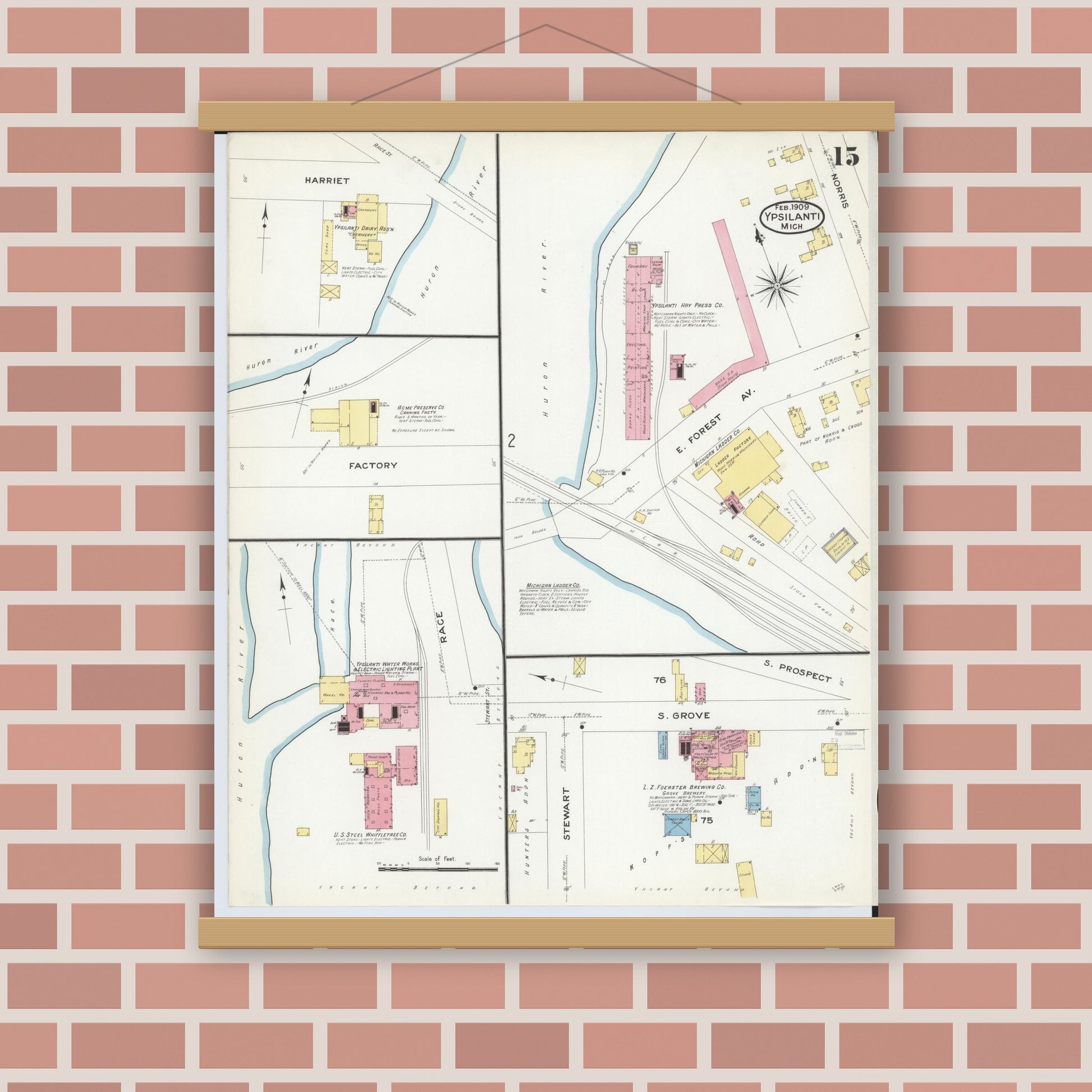 Old map wall art mockup — magnetic wood frame on brick wall — Sanborn Fire Insurance Map from Ypsilanti, Washtenaw County, Michigan (1909), Sheet #0015