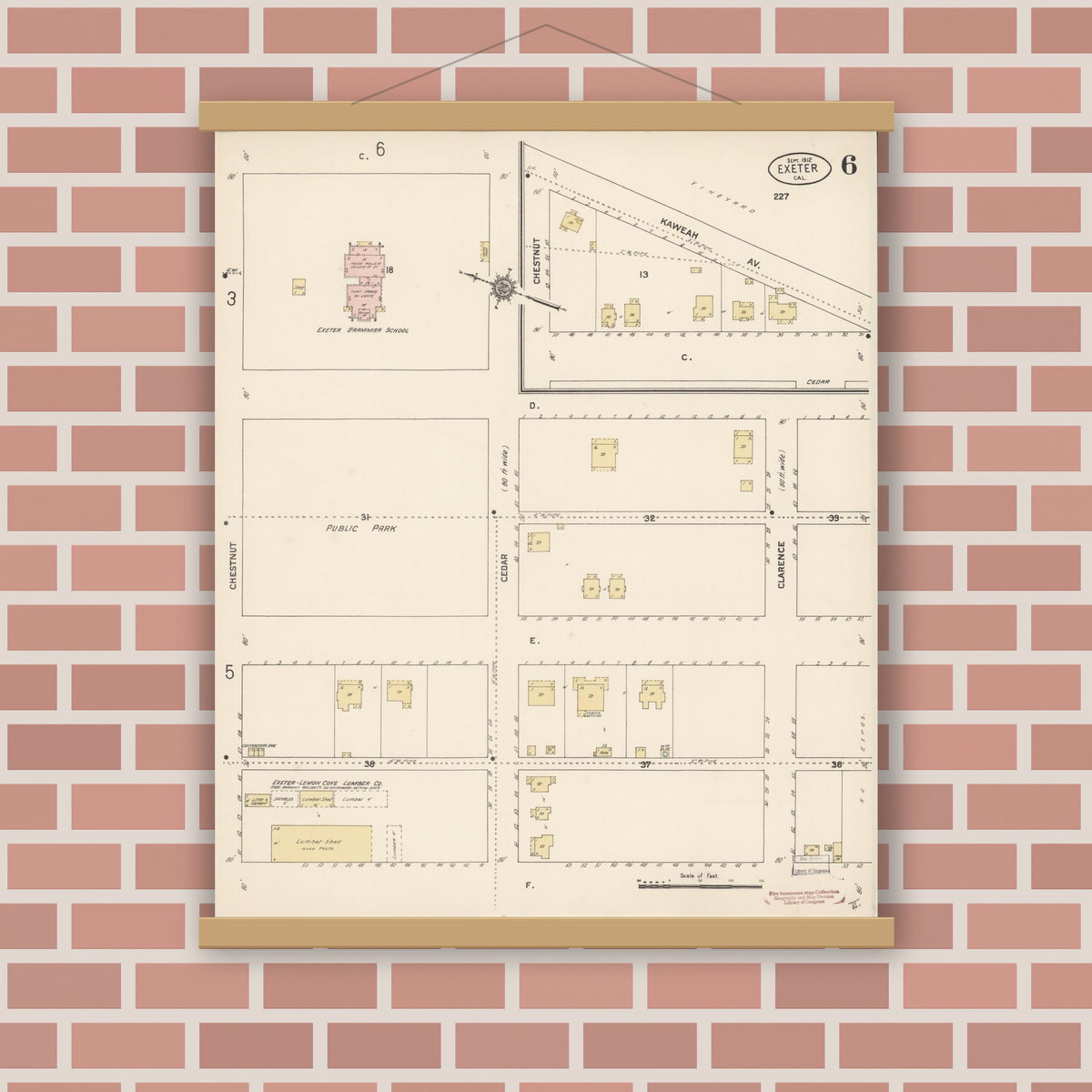 Old map wall art mockup — magnetic wood frame on brick wall — Sanborn Fire Insurance Map from Exeter, Tulare County, California (1912), Sheet #0006