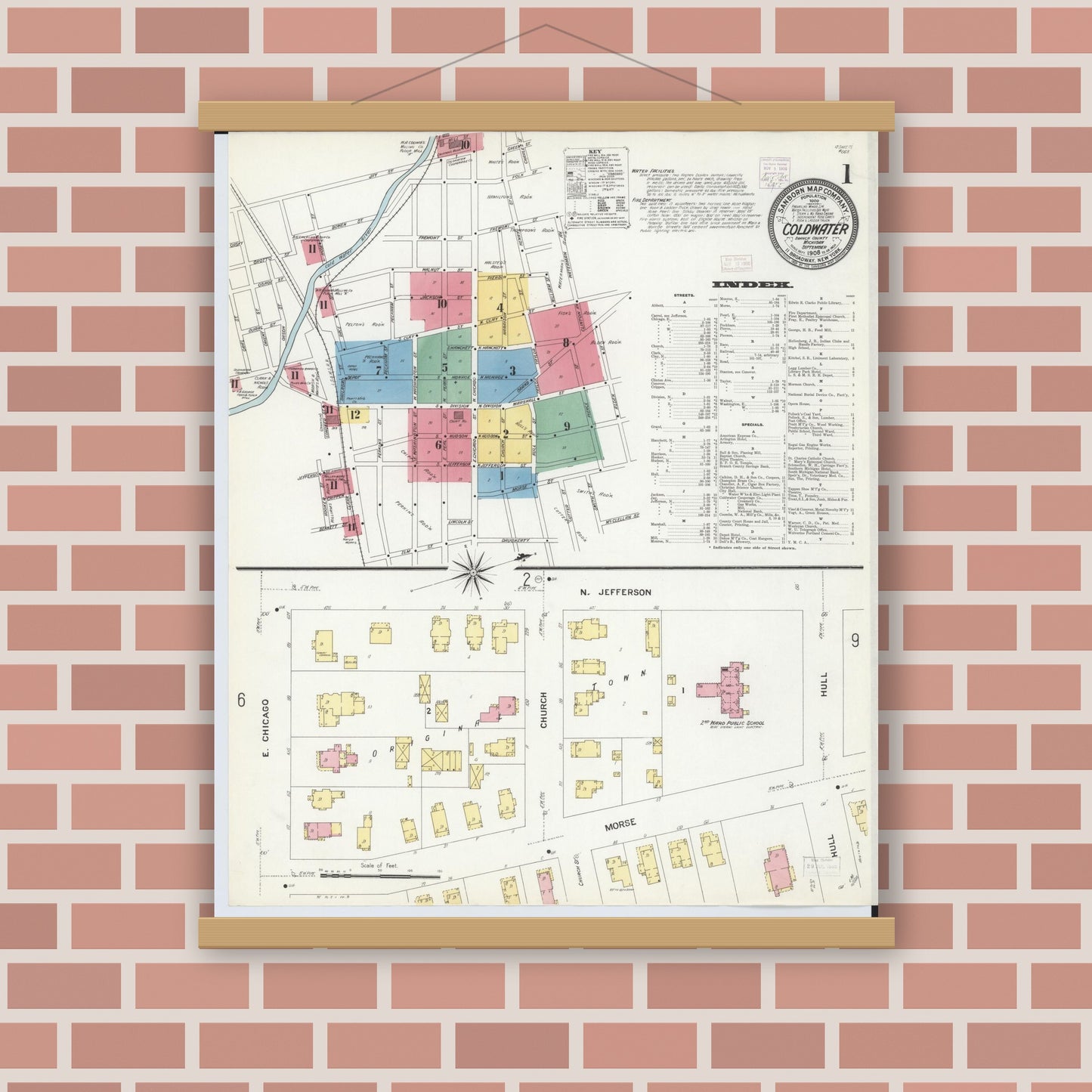 Old map wall art mockup — magnetic wood frame on brick wall — Sanborn Fire Insurance Map from Coldwater, Branch County, Michigan (1908), Sheet #0001