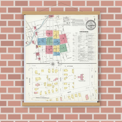 Old map wall art mockup — magnetic wood frame on brick wall — Sanborn Fire Insurance Map from Coldwater, Branch County, Michigan (1908), Sheet #0001