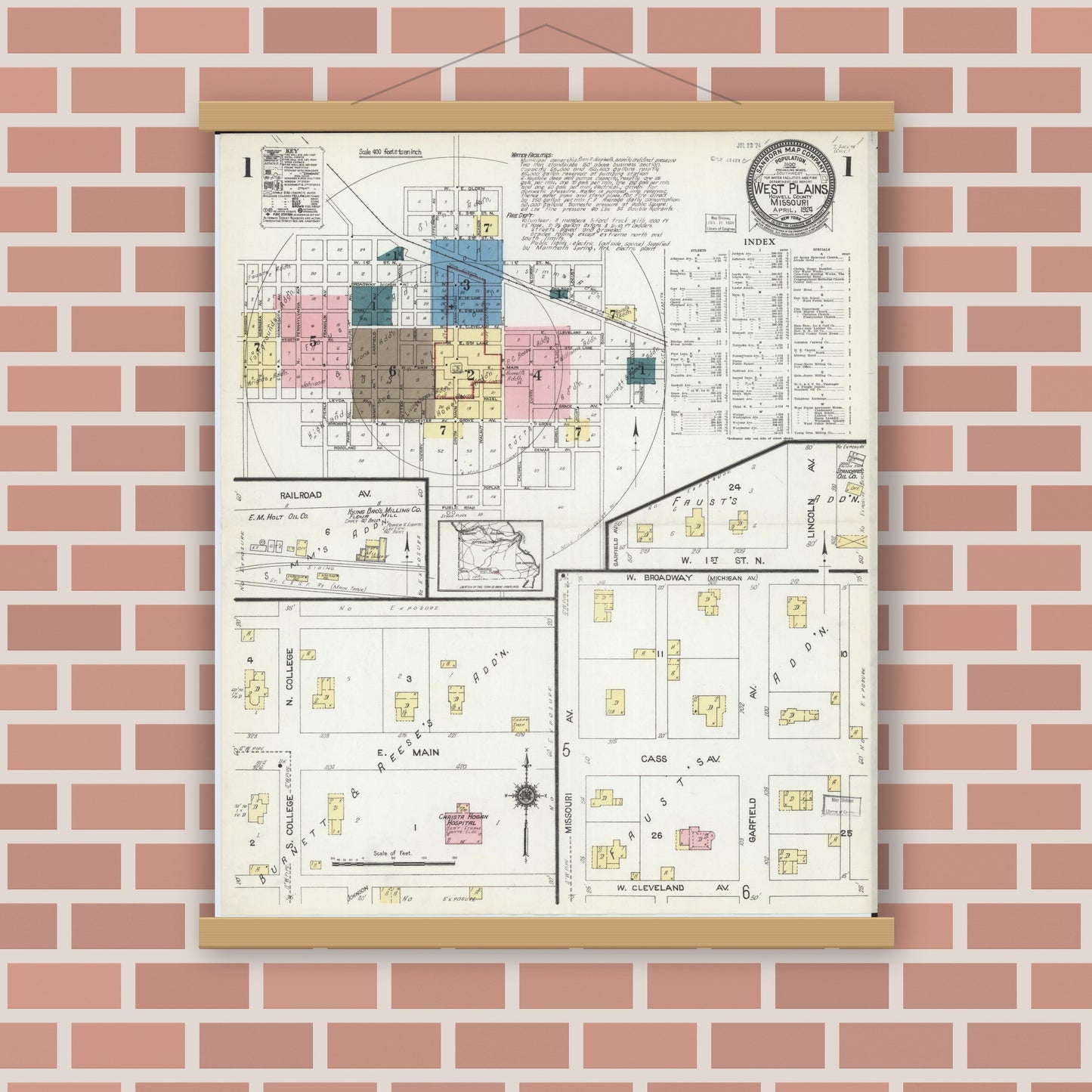 Old map wall art mockup — magnetic wood frame on brick wall — Sanborn Fire Insurance Map from West Plains, Howell County, Missouri (1924), Sheet #0001