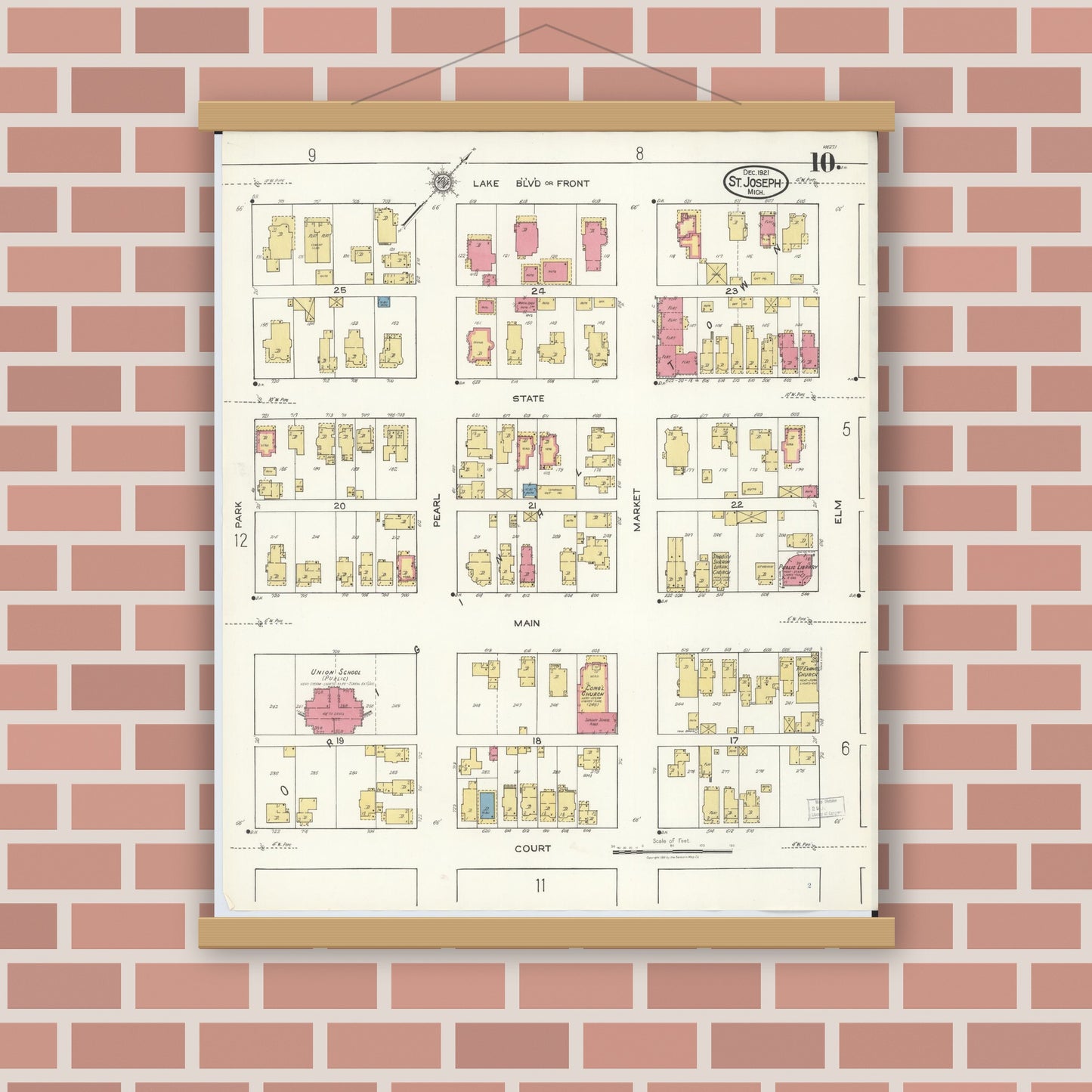 Old map wall art mockup — magnetic wood frame on brick wall — Sanborn Fire Insurance Map from Saint Joseph, Berrien County, Michigan (1921), Sheet #0010
