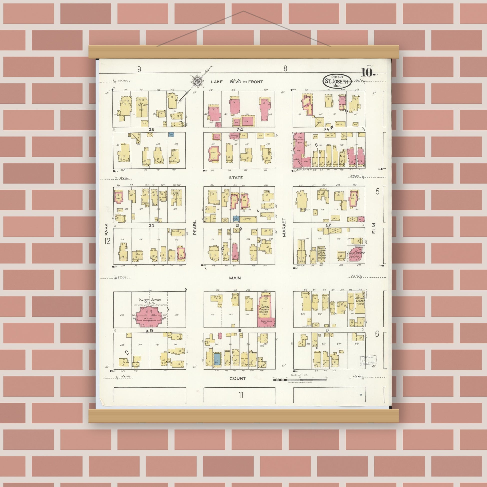 Old map wall art mockup — magnetic wood frame on brick wall — Sanborn Fire Insurance Map from Saint Joseph, Berrien County, Michigan (1921), Sheet #0010