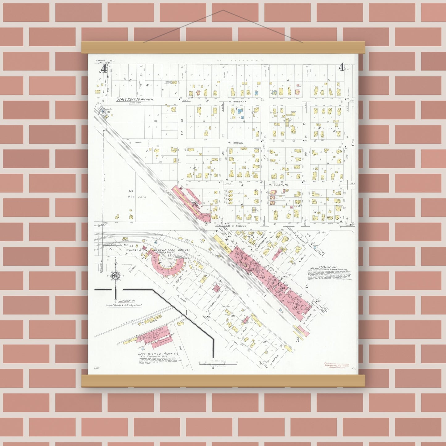 Old map wall art mockup — magnetic wood frame on brick wall — Sanborn Fire Insurance Map from Harvard, McHenry County, Illinois (1934), Sheet #0004