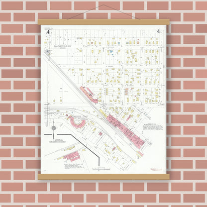 Old map wall art mockup — magnetic wood frame on brick wall — Sanborn Fire Insurance Map from Harvard, McHenry County, Illinois (1934), Sheet #0004