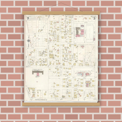 Old map wall art mockup — magnetic wood frame on brick wall — Sanborn Fire Insurance Map from Conroe, Montgomery County, Texas (1943), Sheet #0003
