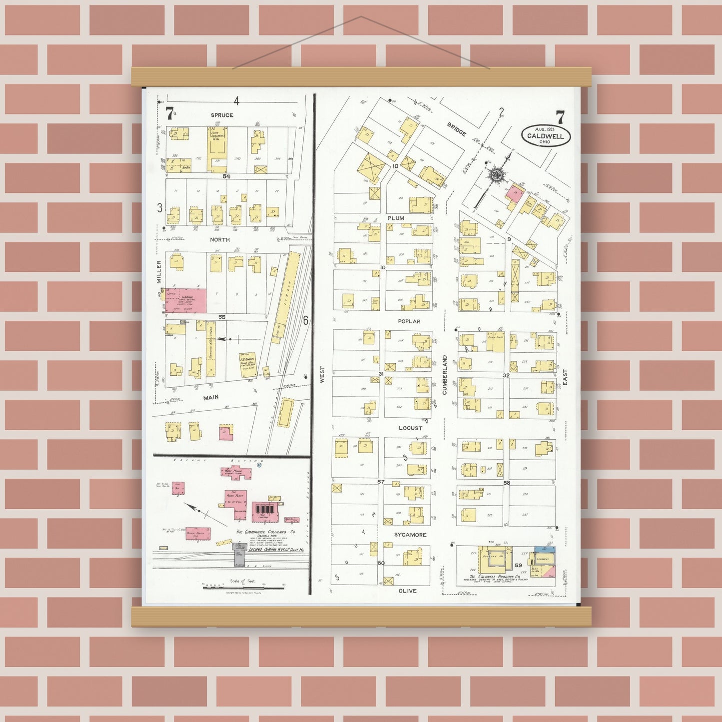 Old map wall art mockup — magnetic wood frame on brick wall — Sanborn Fire Insurance Map from Caldwell, Noble County, Ohio (1923), Sheet #0007