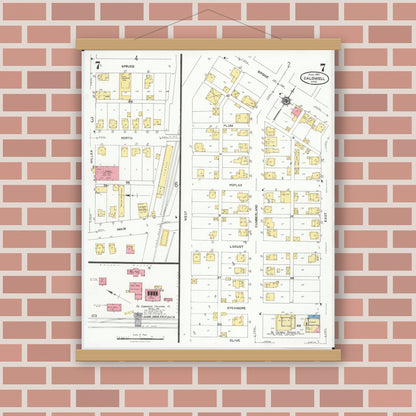 Old map wall art mockup — magnetic wood frame on brick wall — Sanborn Fire Insurance Map from Caldwell, Noble County, Ohio (1923), Sheet #0007