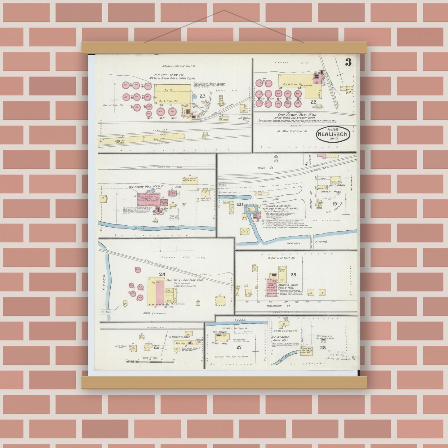 Old map wall art mockup — magnetic wood frame on brick wall — Sanborn Fire Insurance Map from New Lisbon, Columbiana County, Ohio (1893), Sheet #0003
