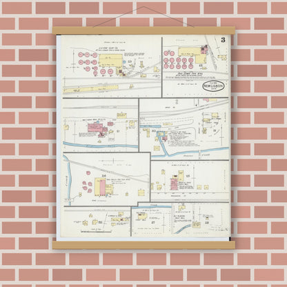 Old map wall art mockup — magnetic wood frame on brick wall — Sanborn Fire Insurance Map from New Lisbon, Columbiana County, Ohio (1893), Sheet #0003