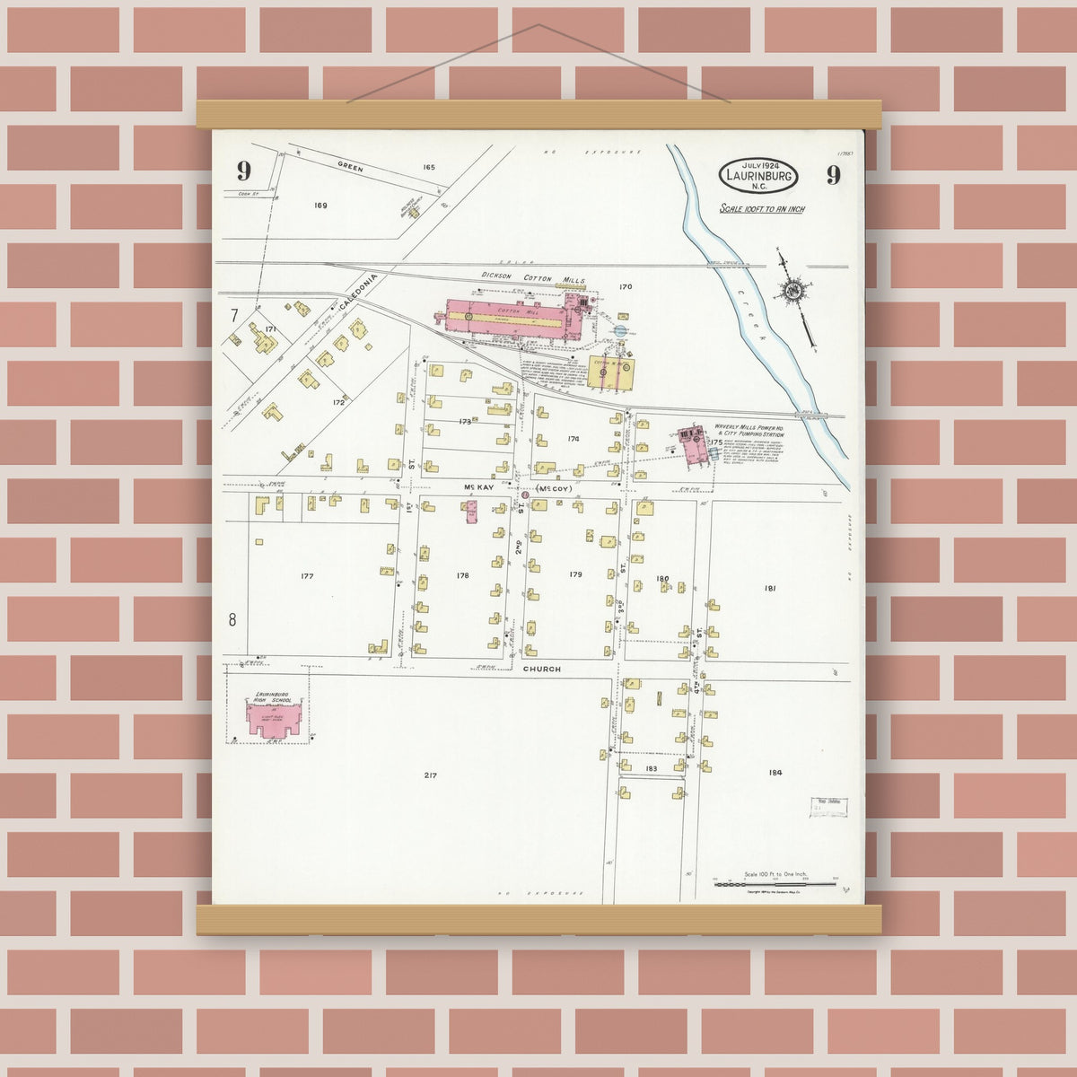 Old map wall art mockup — magnetic wood frame on brick wall — Sanborn Fire Insurance Map from Laurinburg, Scotland County, North Carolina (1924), Sheet #0009